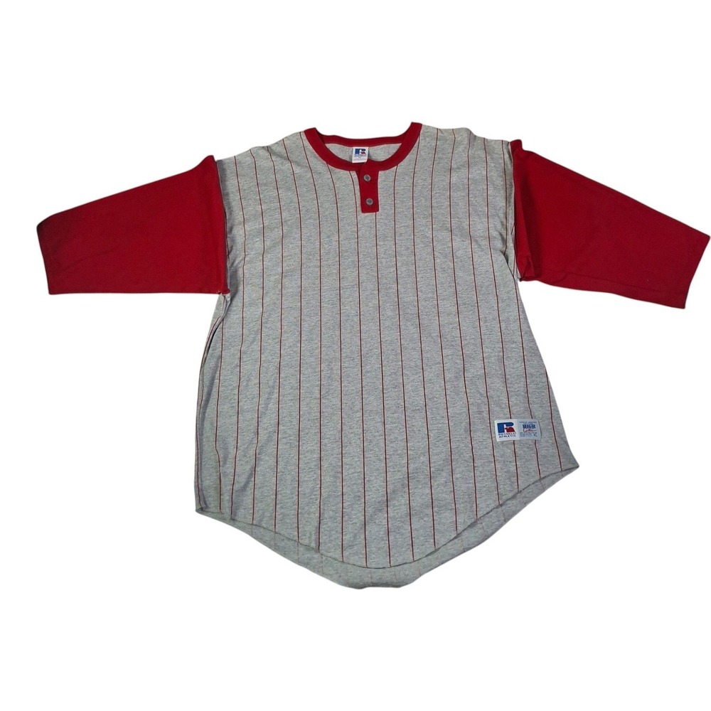 Vintage Russell Athletic Henley Shirt Mens XL Gray Red Pinstripe Made in USA
